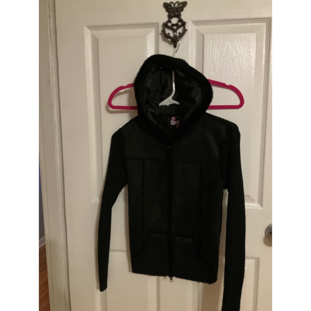 Say What? Black Mixed Media Hooded Zip Up Jacket Faux Fur Trim Hood Small